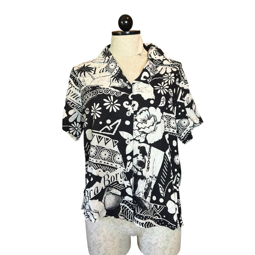 Bora Bora "SOUTH PACIFIC" Black‎ White Jams World Camp Blouse VTG NWT Sz S